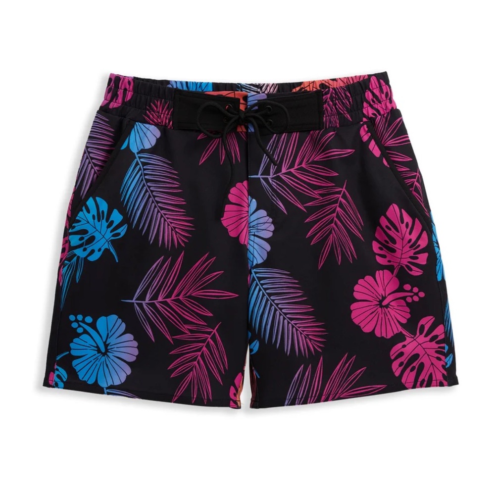 TomboyX Tropical Black Swim Trunks with Pink and Blue Leaves